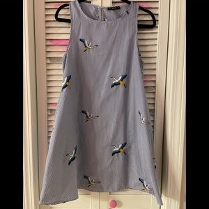 Blue white striped crane bird sleeveless dress